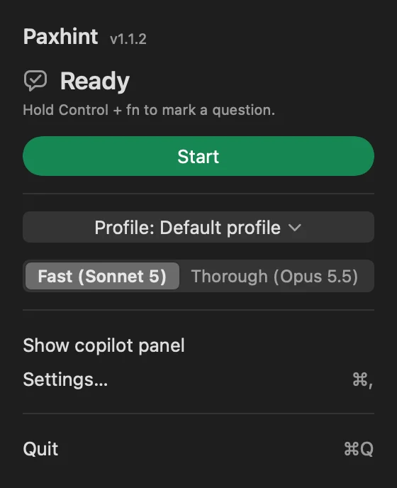 The Paxhint menu: status Ready, a Start button, the profile and the Fast or Thorough switch