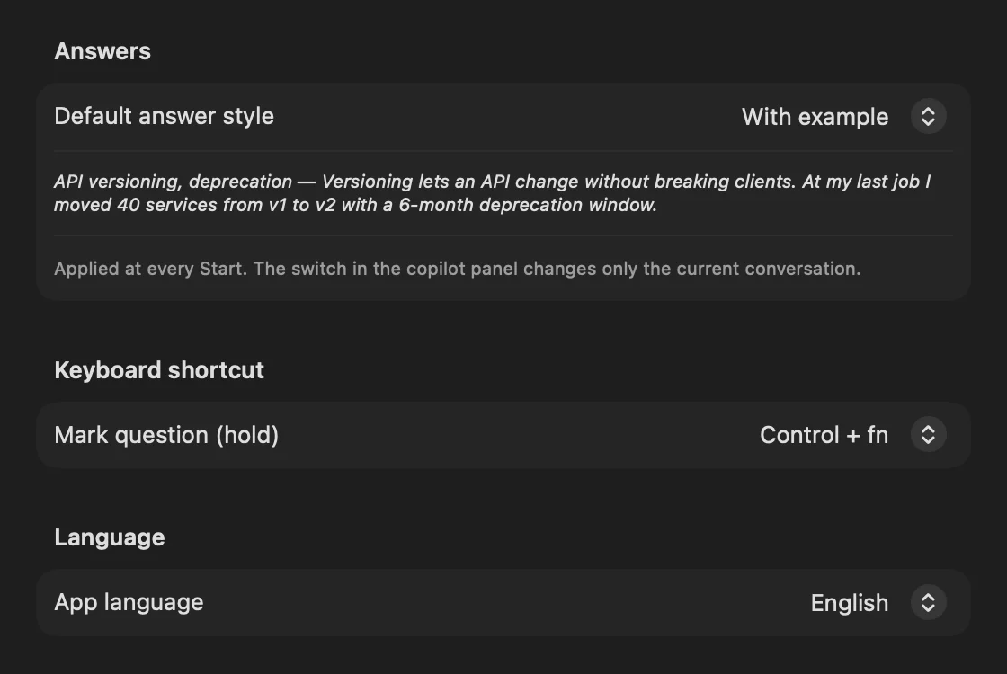 Paxhint Settings, General: default answer style, the shortcut and the app language