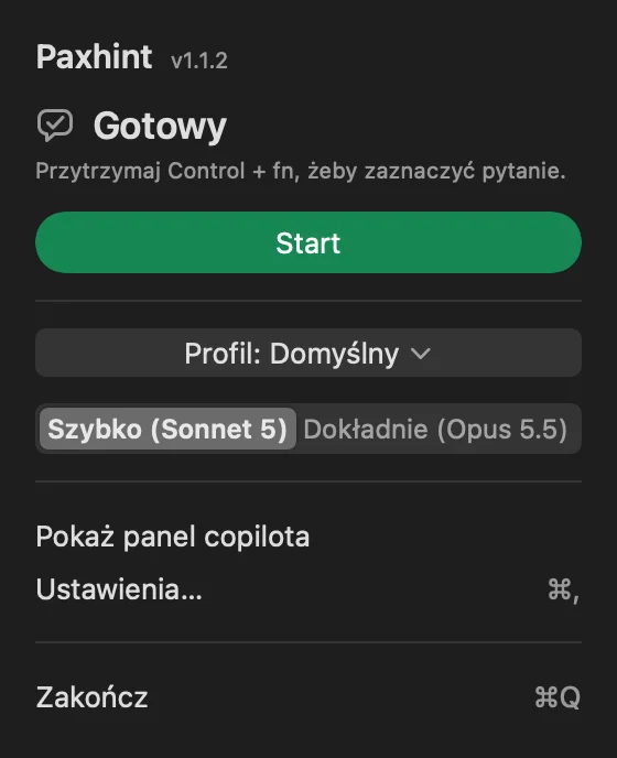 Menu Paxhint po polsku: stan Gotowy, przycisk Start, profil i przełącznik Szybko albo Dokładnie