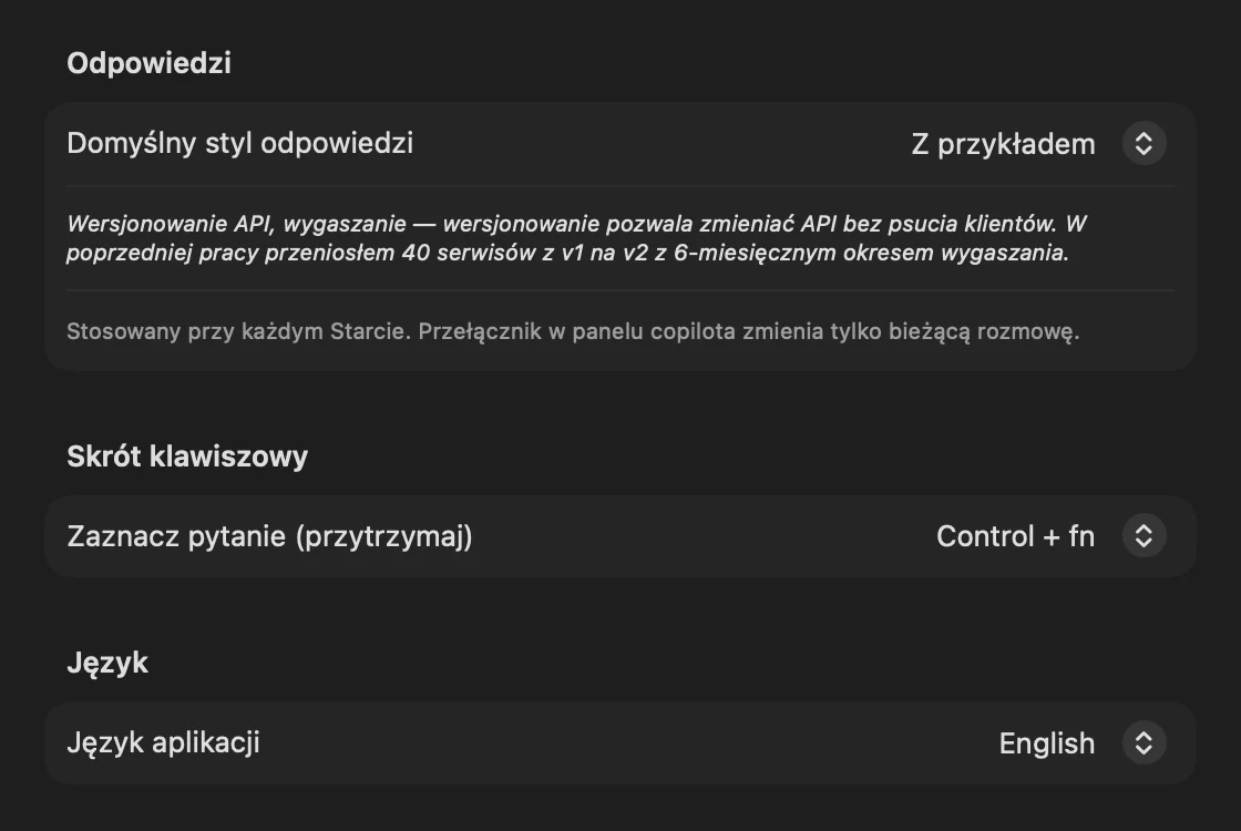Ustawienia Paxhint, zakładka Ogólne: domyślny styl odpowiedzi, skrót i język aplikacji